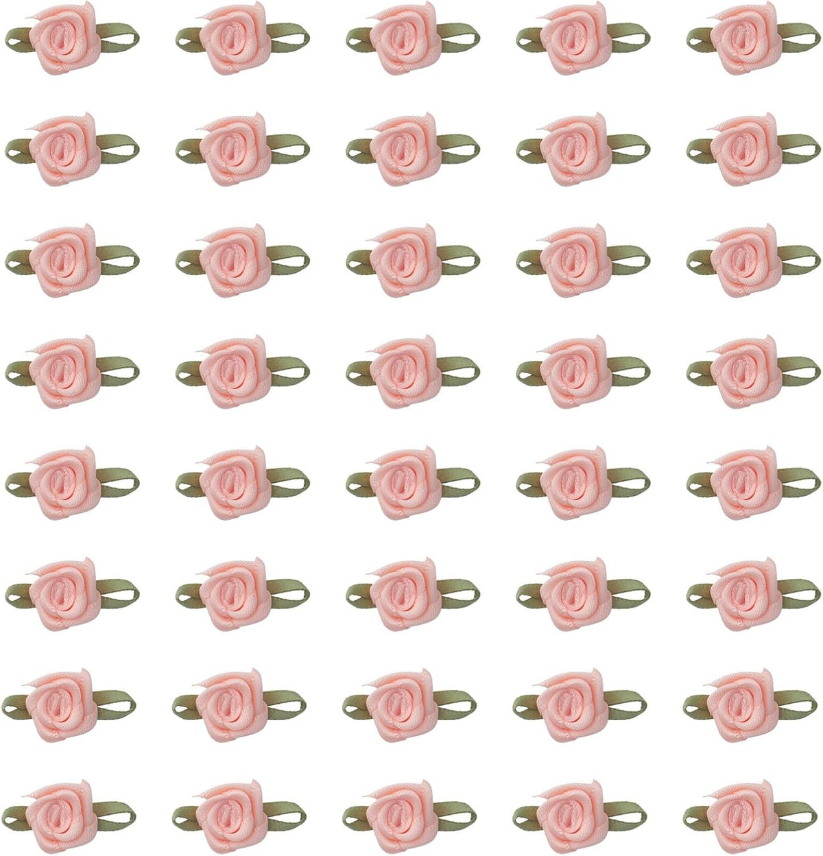 50 Pcs Satin Roses with Green Leaves for DIY Crafting Sewing (Peach)
