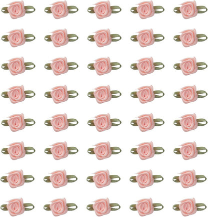50 Pcs Satin Roses with Green Leaves for DIY Crafting Sewing (Peach)
