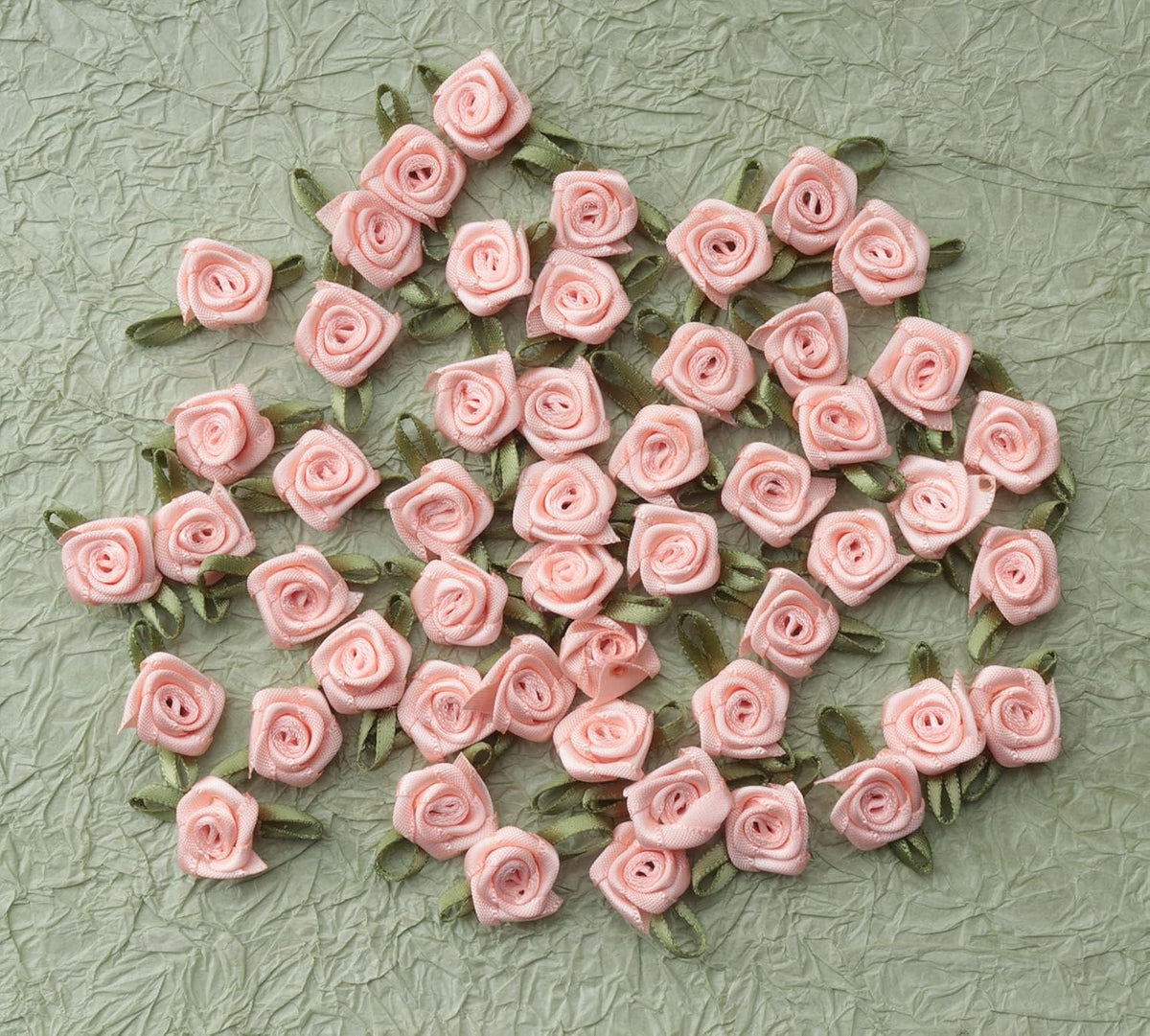 50 Pcs Satin Roses with Green Leaves for DIY Crafting Sewing (Peach)