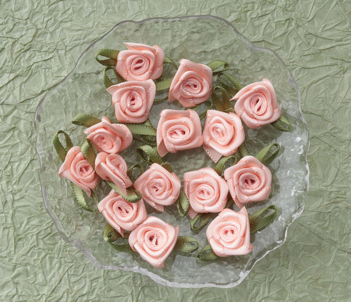 50 Pcs Satin Roses with Green Leaves for DIY Crafting Sewing (Peach)