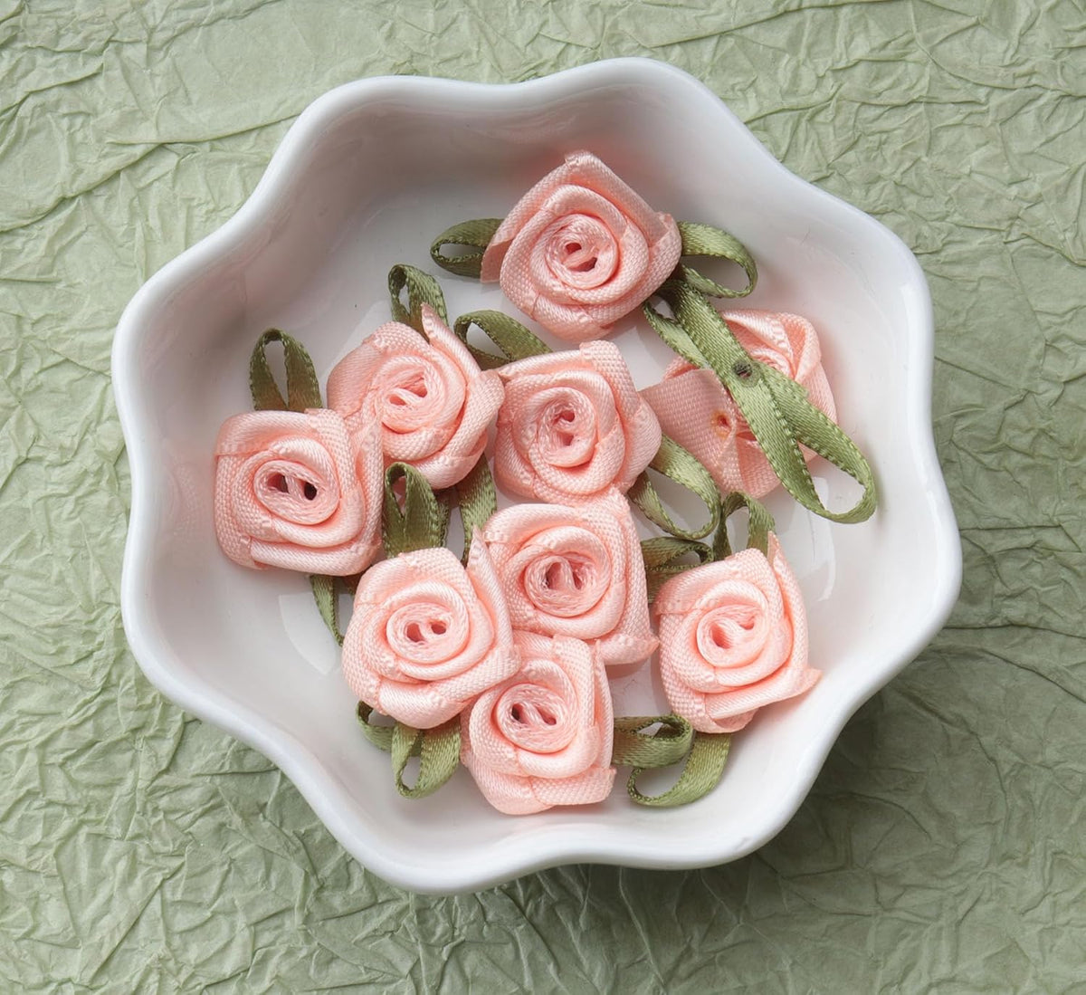 50 Pcs Satin Roses with Green Leaves for DIY Crafting Sewing (Peach)