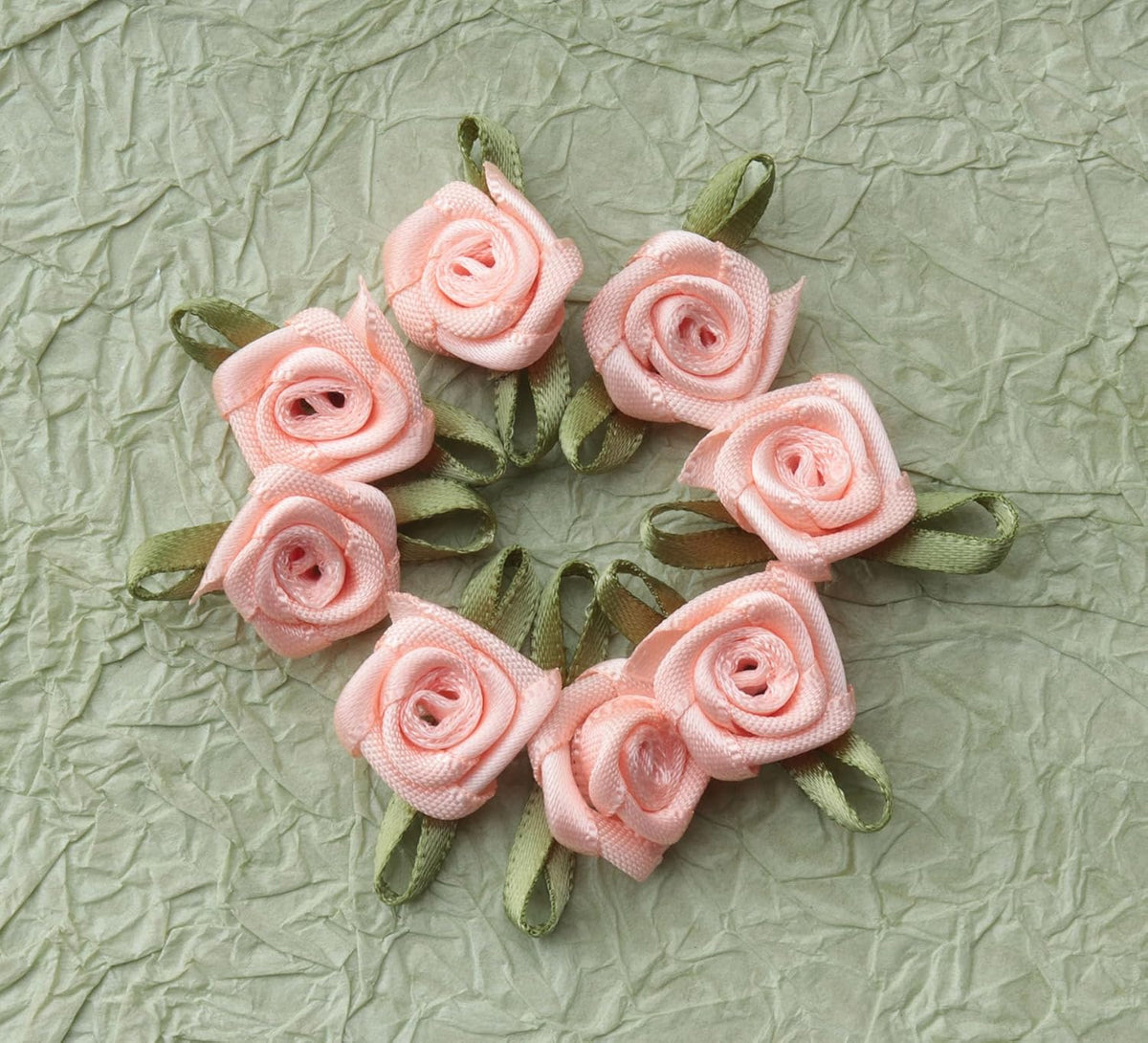 50 Pcs Satin Roses with Green Leaves for DIY Crafting Sewing (Peach)