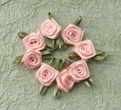 50 Pcs Satin Roses with Green Leaves for DIY Crafting Sewing (Peach)