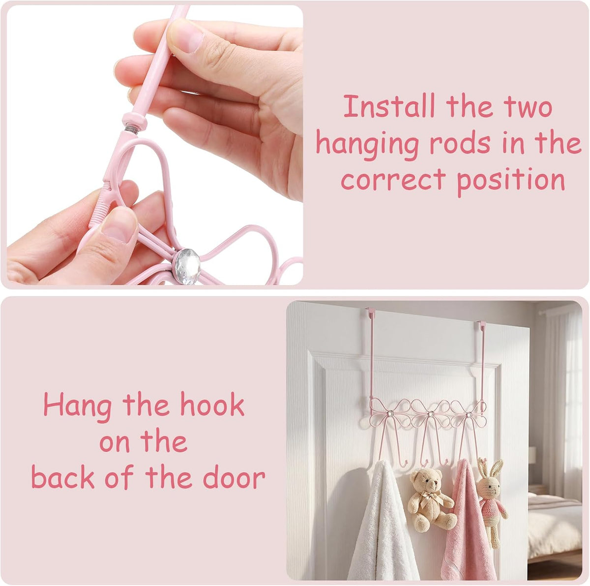 Pink Bow Diamond Over Door Towel Rack 5 Hooks