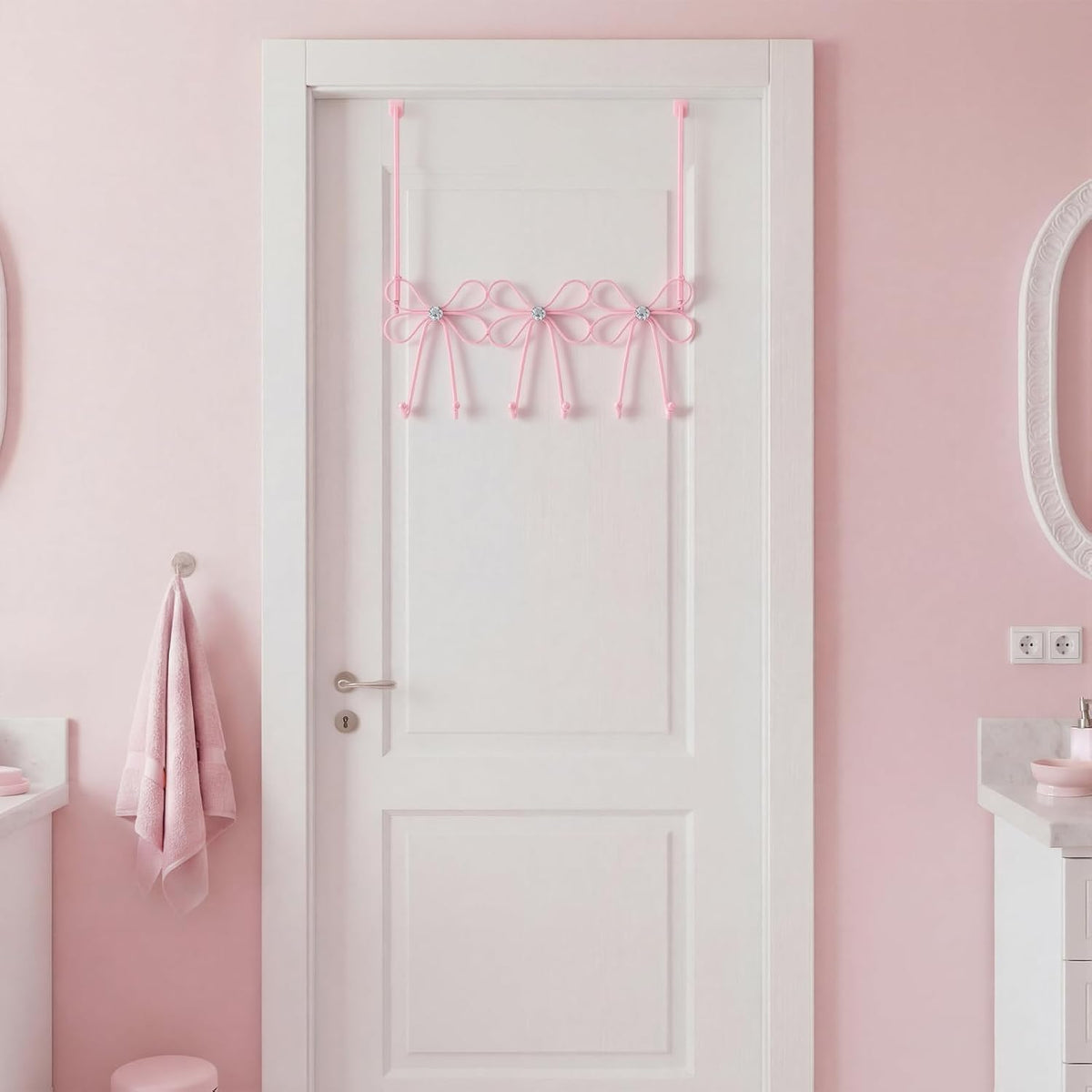 Pink Bow Diamond Over Door Towel Rack 5 Hooks