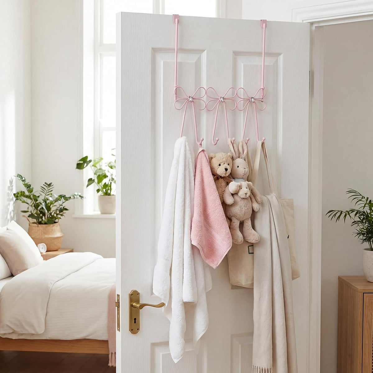 Pink Bow Diamond Over Door Towel Rack 5 Hooks