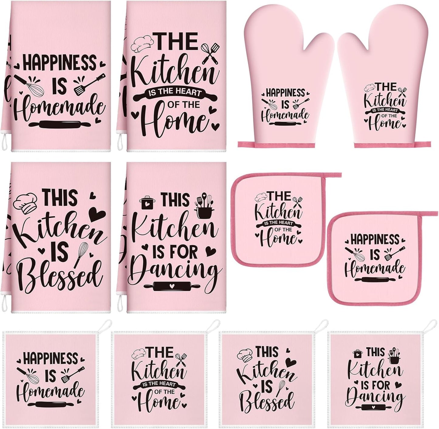 12 Pcs Farmhouse Kitchen Decorations Sets 8 Pink Black Kitchen Dish Towels 2 Pot Holders 2 Oven Mitts Glove Rustic Hand Towels and Dishcloths for Home Accessories Mom Gifts