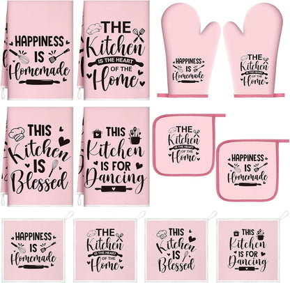 12 Pcs Farmhouse Kitchen Decorations Sets 8 Pink Black Kitchen Dish Towels 2 Pot Holders 2 Oven Mitts Glove Rustic Hand Towels and Dishcloths for Home Accessories Mom Gifts