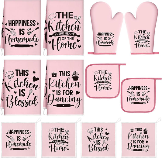 12 Pcs Farmhouse Kitchen Decorations Sets 8 Pink Black Kitchen Dish Towels 2 Pot Holders 2 Oven Mitts Glove Rustic Hand Towels and Dishcloths for Home Accessories Mom Gifts