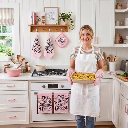 12 Pcs Farmhouse Kitchen Decorations Sets 8 Pink Black Kitchen Dish Towels 2 Pot Holders 2 Oven Mitts Glove Rustic Hand Towels and Dishcloths for Home Accessories Mom Gifts