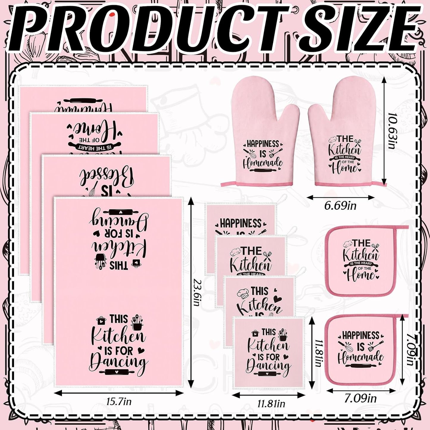 12 Pcs Farmhouse Kitchen Decorations Sets 8 Pink Black Kitchen Dish Towels 2 Pot Holders 2 Oven Mitts Glove Rustic Hand Towels and Dishcloths for Home Accessories Mom Gifts