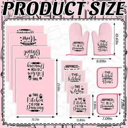 12 Pcs Farmhouse Kitchen Decorations Sets 8 Pink Black Kitchen Dish Towels 2 Pot Holders 2 Oven Mitts Glove Rustic Hand Towels and Dishcloths for Home Accessories Mom Gifts