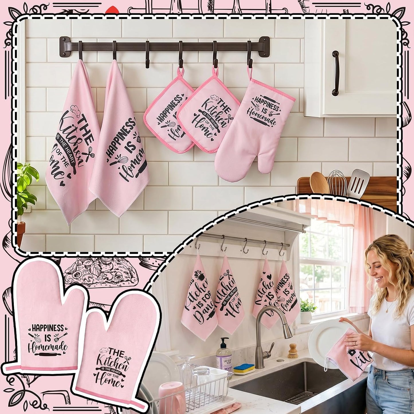 12 Pcs Farmhouse Kitchen Decorations Sets 8 Pink Black Kitchen Dish Towels 2 Pot Holders 2 Oven Mitts Glove Rustic Hand Towels and Dishcloths for Home Accessories Mom Gifts