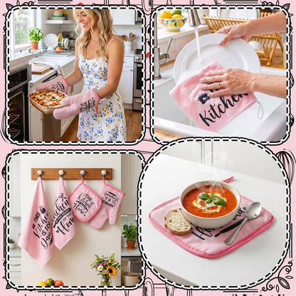 12 Pcs Farmhouse Kitchen Decorations Sets 8 Pink Black Kitchen Dish Towels 2 Pot Holders 2 Oven Mitts Glove Rustic Hand Towels and Dishcloths for Home Accessories Mom Gifts