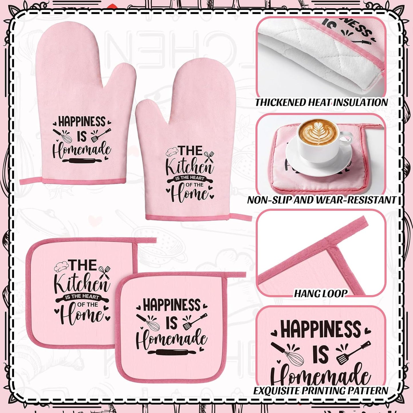 12 Pcs Farmhouse Kitchen Decorations Sets 8 Pink Black Kitchen Dish Towels 2 Pot Holders 2 Oven Mitts Glove Rustic Hand Towels and Dishcloths for Home Accessories Mom Gifts