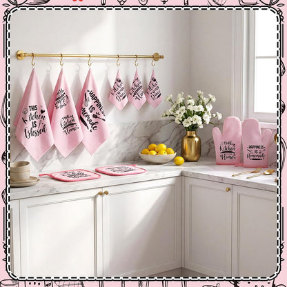 12 Pcs Farmhouse Kitchen Decorations Sets 8 Pink Black Kitchen Dish Towels 2 Pot Holders 2 Oven Mitts Glove Rustic Hand Towels and Dishcloths for Home Accessories Mom Gifts