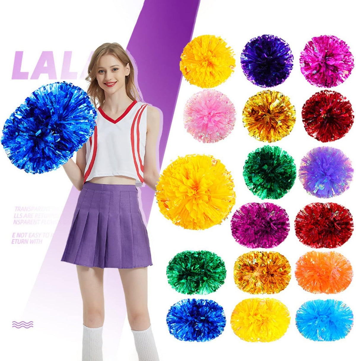 Cheerleading Pom Poms for Girls with Baton Handle, Upgrade Fluffy Cheerleader Pom Poms for Kids Adults Sport Dance Cheer Pompoms for School Game Team Spirit Cheering - 2 Pack