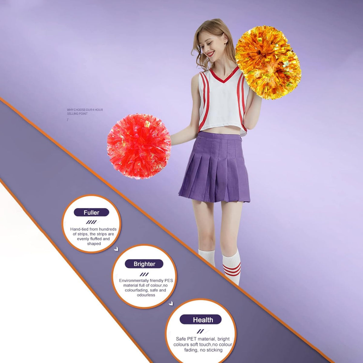 Cheerleading Pom Poms for Girls with Baton Handle, Upgrade Fluffy Cheerleader Pom Poms for Kids Adults Sport Dance Cheer Pompoms for School Game Team Spirit Cheering - 2 Pack