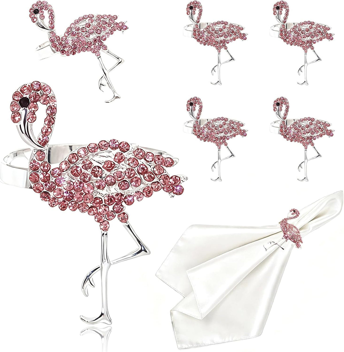 Pink Crystal Flamingo Napkin Rings Set of 6, Silver Rhinestone Tropical Napkin Holders for Beach Wedding Summer Luau Hawaiian Party Bachelorette Elegant Coastal Table Decor