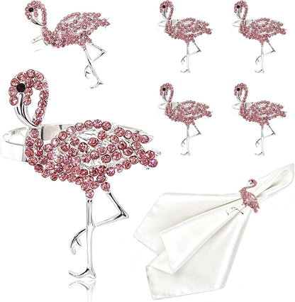 Pink Crystal Flamingo Napkin Rings Set of 6, Silver Rhinestone Tropical Napkin Holders for Beach Wedding Summer Luau Hawaiian Party Bachelorette Elegant Coastal Table Decor