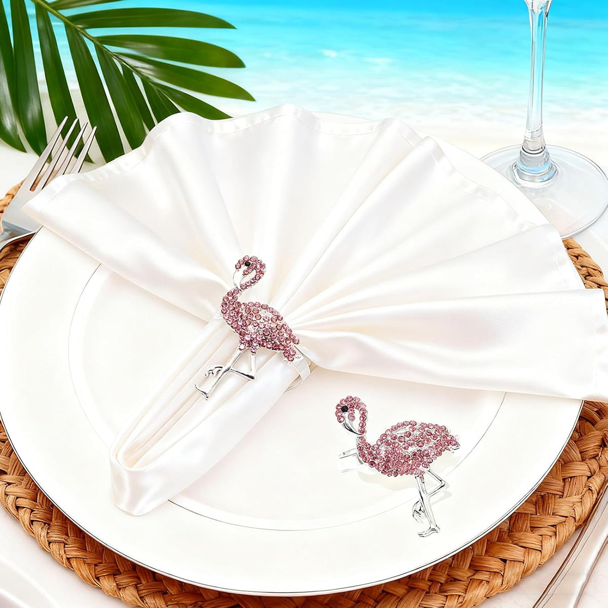 Pink Crystal Flamingo Napkin Rings Set of 6, Silver Rhinestone Tropical Napkin Holders for Beach Wedding Summer Luau Hawaiian Party Bachelorette Elegant Coastal Table Decor
