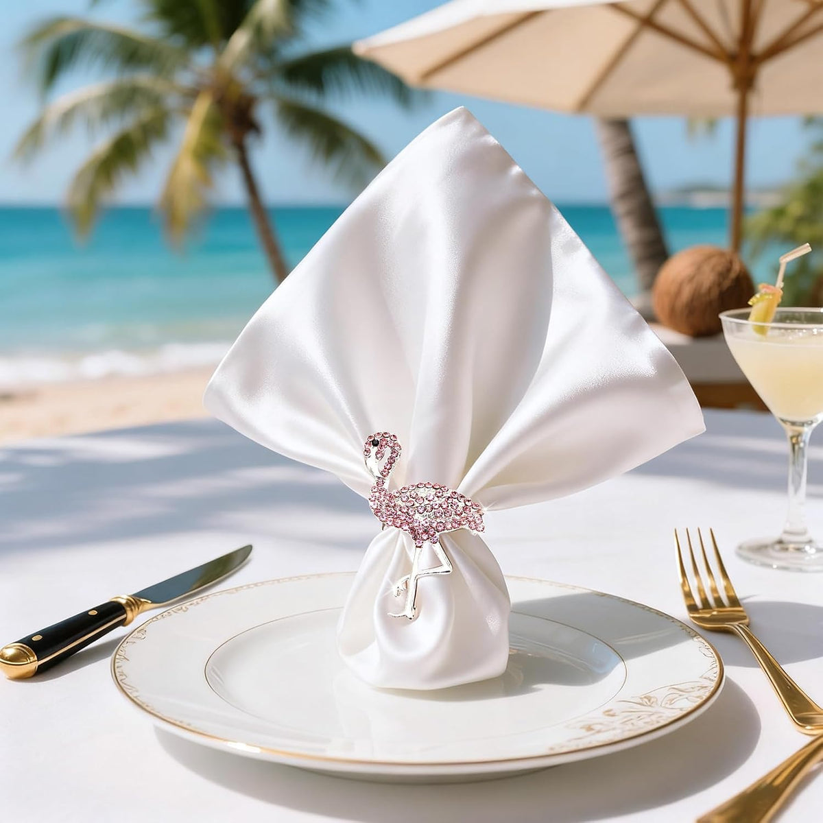Pink Crystal Flamingo Napkin Rings Set of 6, Silver Rhinestone Tropical Napkin Holders for Beach Wedding Summer Luau Hawaiian Party Bachelorette Elegant Coastal Table Decor