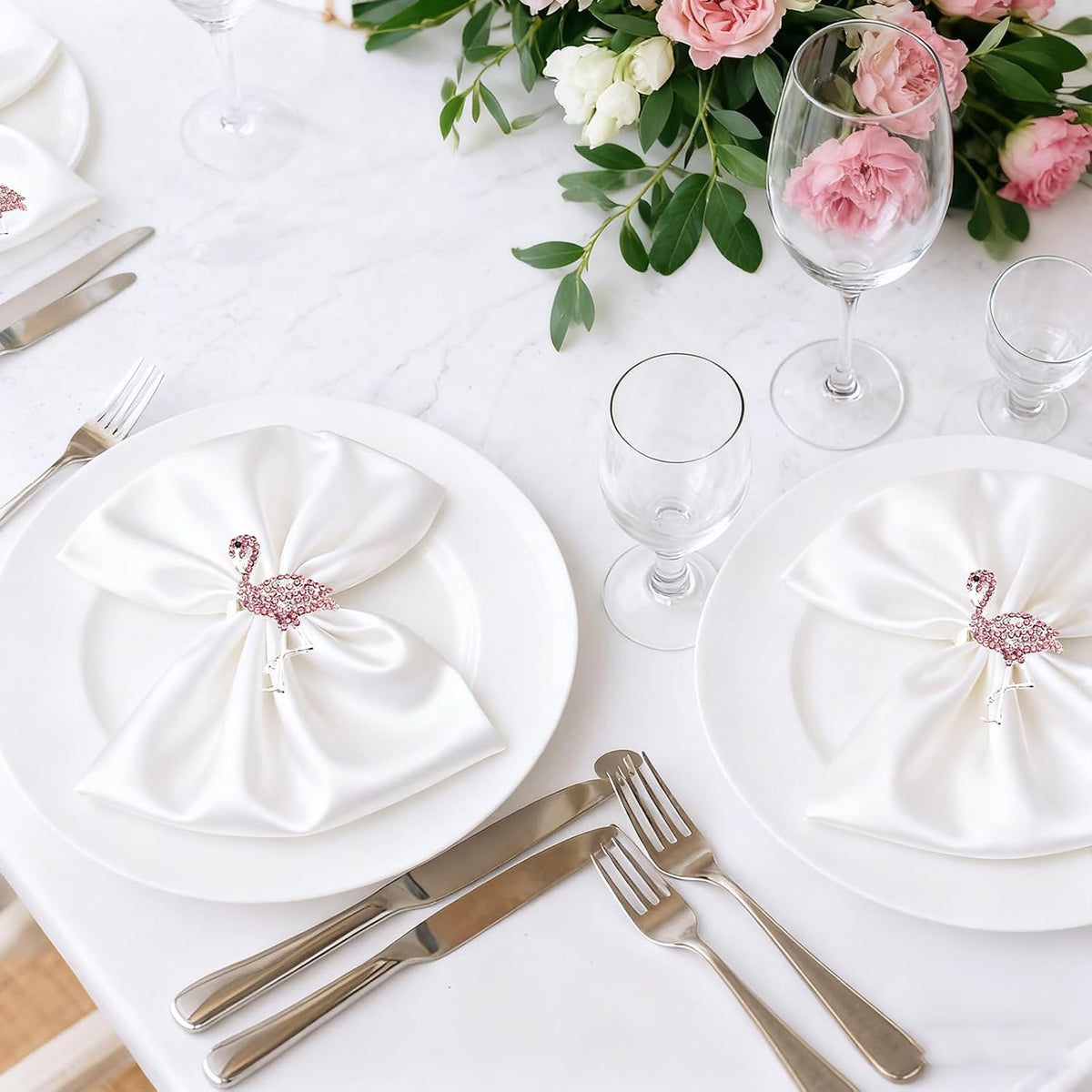 Pink Crystal Flamingo Napkin Rings Set of 6, Silver Rhinestone Tropical Napkin Holders for Beach Wedding Summer Luau Hawaiian Party Bachelorette Elegant Coastal Table Decor