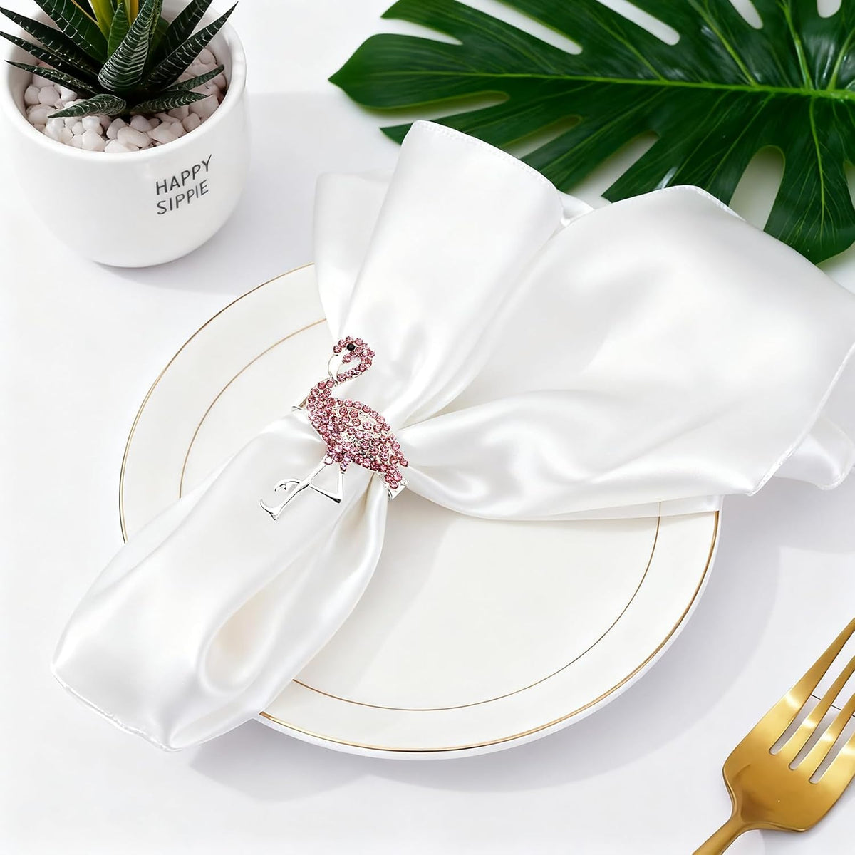 Pink Crystal Flamingo Napkin Rings Set of 6, Silver Rhinestone Tropical Napkin Holders for Beach Wedding Summer Luau Hawaiian Party Bachelorette Elegant Coastal Table Decor