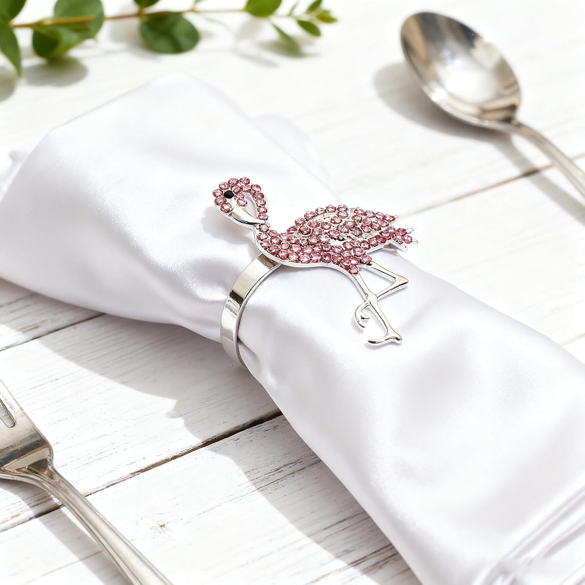 Pink Crystal Flamingo Napkin Rings Set of 6, Silver Rhinestone Tropical Napkin Holders for Beach Wedding Summer Luau Hawaiian Party Bachelorette Elegant Coastal Table Decor