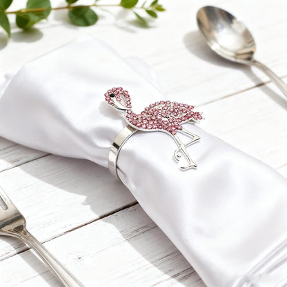 Pink Crystal Flamingo Napkin Rings Set of 6, Silver Rhinestone Tropical Napkin Holders for Beach Wedding Summer Luau Hawaiian Party Bachelorette Elegant Coastal Table Decor