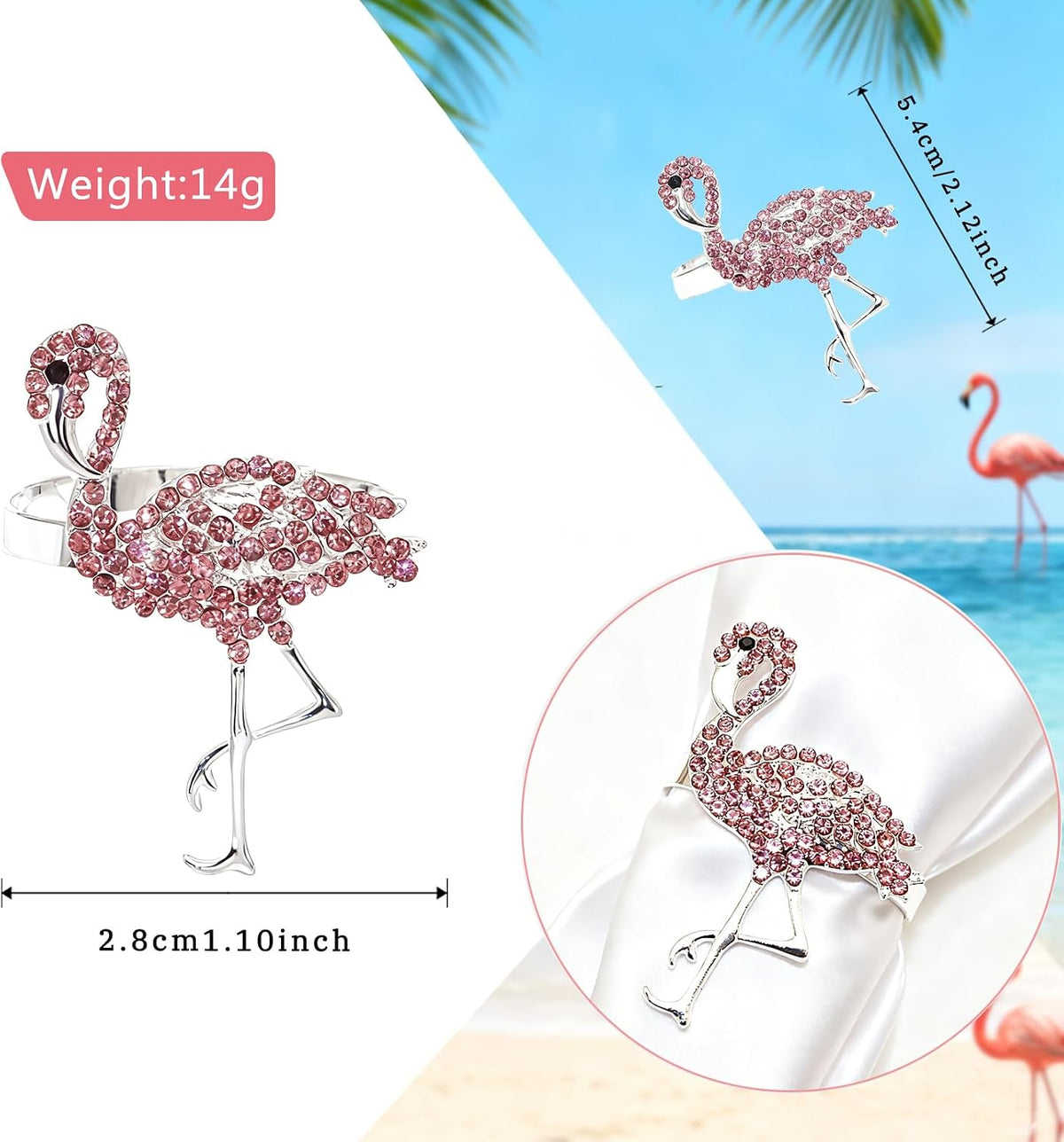 Pink Crystal Flamingo Napkin Rings Set of 6, Silver Rhinestone Tropical Napkin Holders for Beach Wedding Summer Luau Hawaiian Party Bachelorette Elegant Coastal Table Decor