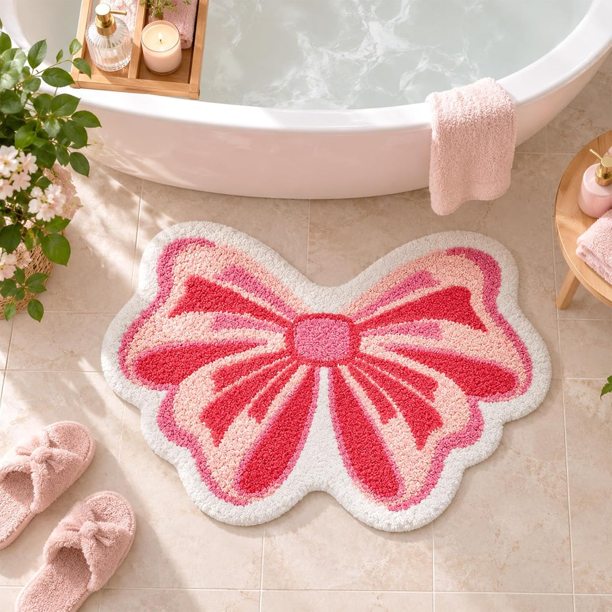 Pink Bow Tufted Bathroom Rug & Kawaii Girly Bath Mat, 19.7"x31.5"
