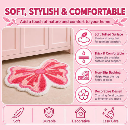 Pink Bow Tufted Bathroom Rug & Kawaii Girly Bath Mat, 19.7"x31.5"
