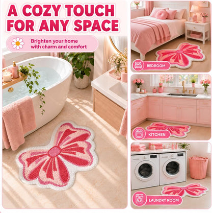Pink Bow Tufted Bathroom Rug & Kawaii Girly Bath Mat, 19.7"x31.5"