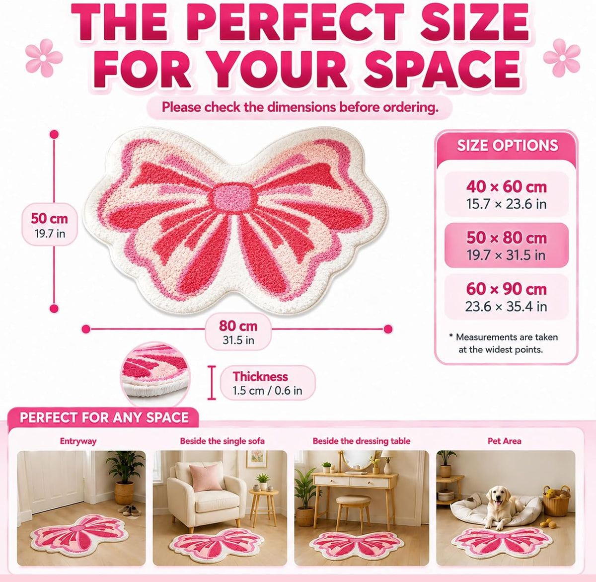 Pink Bow Tufted Bathroom Rug & Kawaii Girly Bath Mat, 19.7"x31.5"