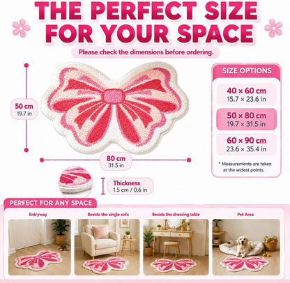Pink Bow Tufted Bathroom Rug & Kawaii Girly Bath Mat, 19.7"x31.5"