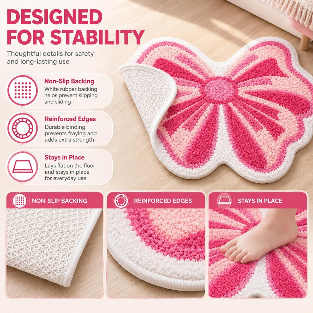 Pink Bow Tufted Bathroom Rug & Kawaii Girly Bath Mat, 19.7"x31.5"