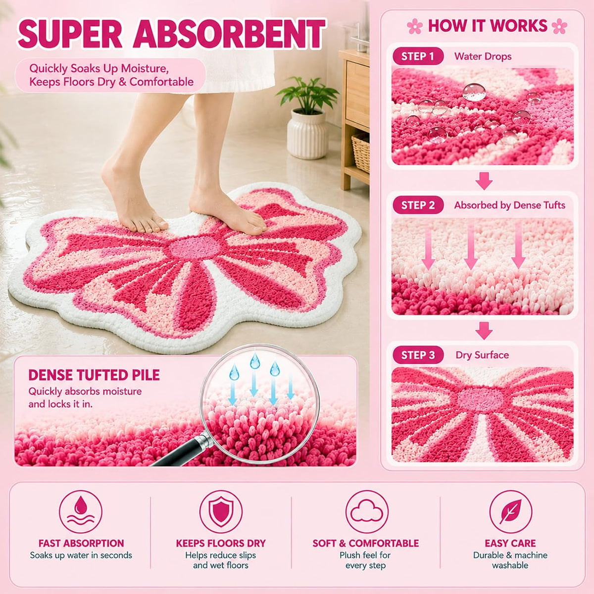Pink Bow Tufted Bathroom Rug & Kawaii Girly Bath Mat, 19.7"x31.5"