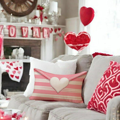 Valentines Throw Pillow Cover 12x20 Inch Striped Envelope Red Heart