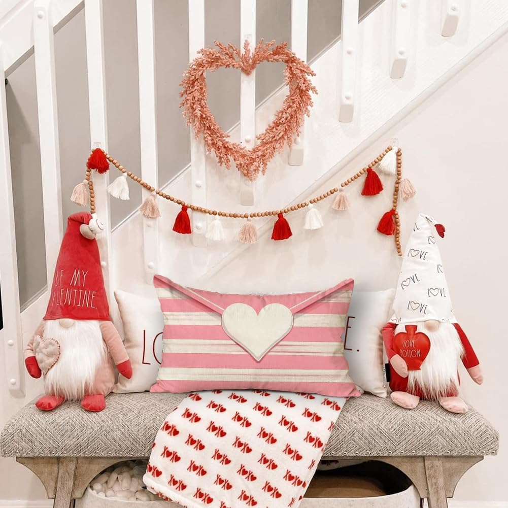 Valentines Throw Pillow Cover 12x20 Inch Striped Envelope Red Heart