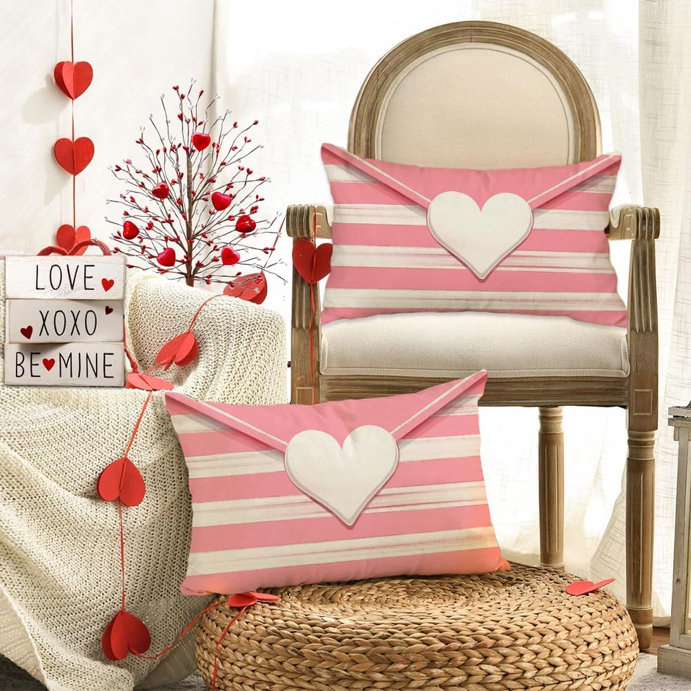 Valentines Throw Pillow Cover 12x20 Inch Striped Envelope Red Heart