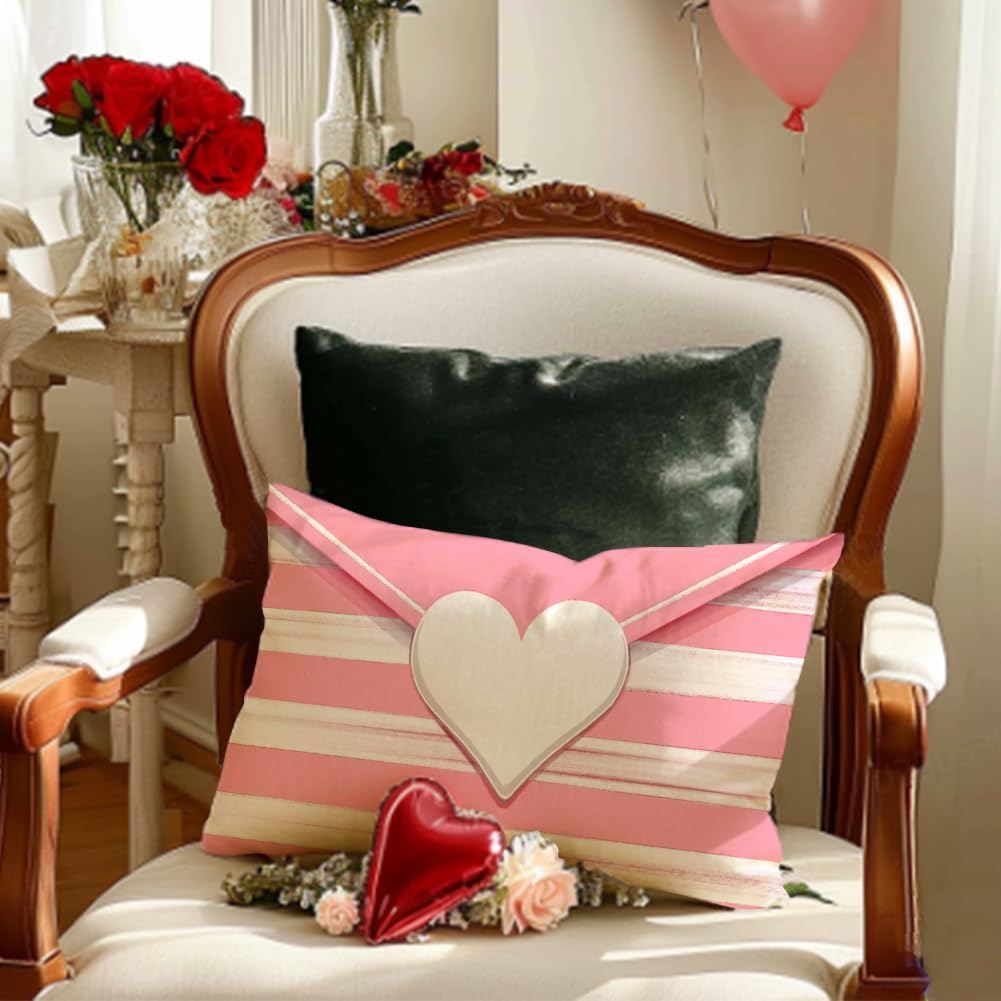 Valentines Throw Pillow Cover 12x20 Inch Striped Envelope Red Heart
