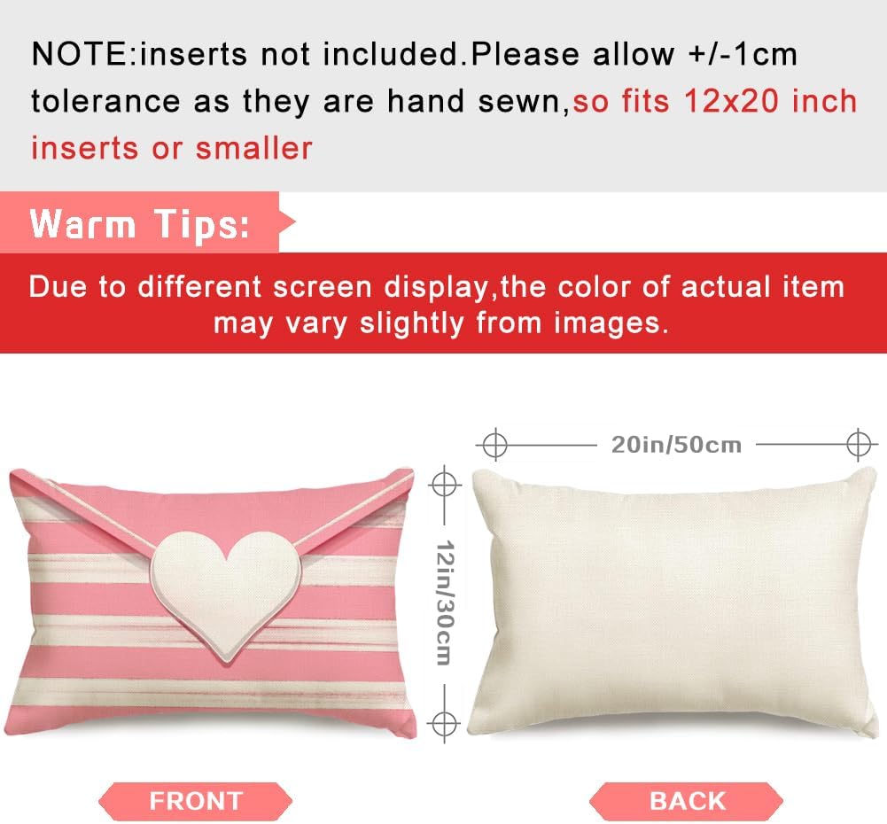 Valentines Throw Pillow Cover 12x20 Inch Striped Envelope Red Heart