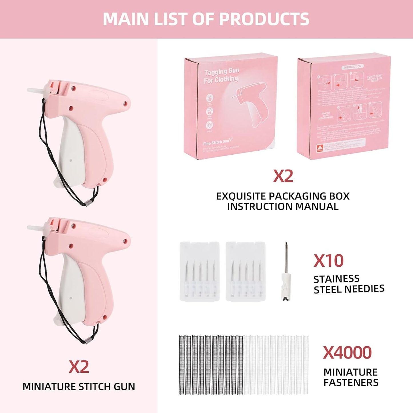 2 Pack Stitch Gun for Clothes, Stitchy Microstitch Tag Gun Quick Clothing Fixer - Sewing Kit Includes 10 Needle, 4000 Fasteners (Pink)
