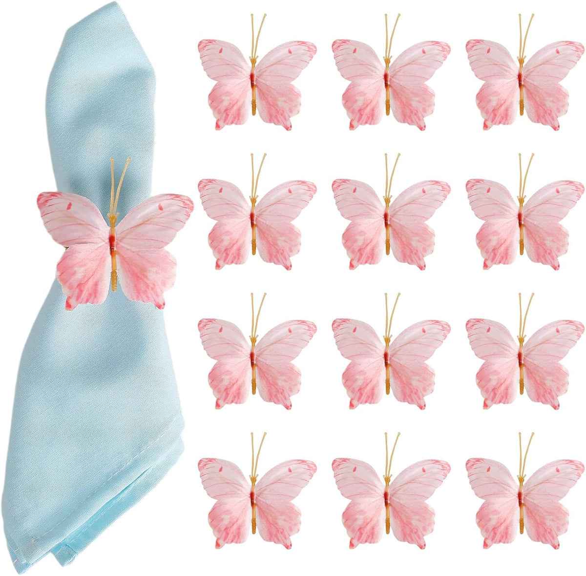 Handmade Pink Butterfly Napkin Ring Set of 12, Rustic Napkin Rings with Green Buckles for Wedding Birthday Valentine's Day Spring Party Dinner Napkin Holder Table Decor (Pink)