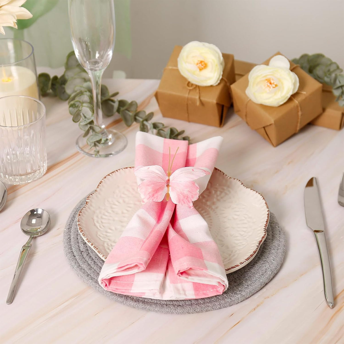 Handmade Pink Butterfly Napkin Ring Set of 12, Rustic Napkin Rings with Green Buckles for Wedding Birthday Valentine's Day Spring Party Dinner Napkin Holder Table Decor (Pink)