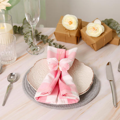 Handmade Pink Butterfly Napkin Ring Set of 12, Rustic Napkin Rings with Green Buckles for Wedding Birthday Valentine's Day Spring Party Dinner Napkin Holder Table Decor (Pink)