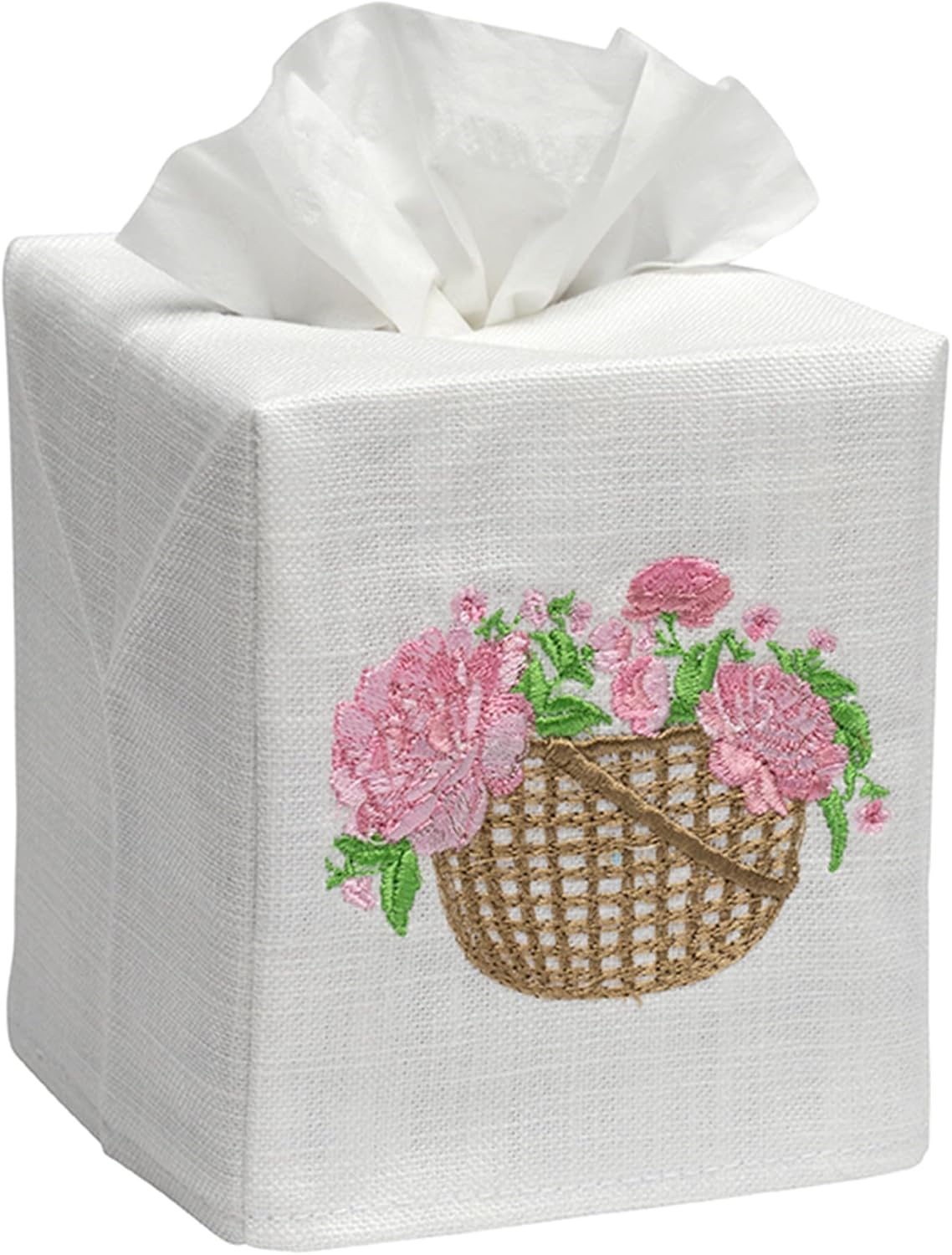 Square Tissue Box Cover, Linen/Cotton Fabric Tissue Holder, Decorative Cloth Tissue Cube Cover, Botanical Designs, Basket of Peonies (Pink)