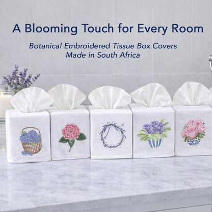 Square Tissue Box Cover, Linen/Cotton Fabric Tissue Holder, Decorative Cloth Tissue Cube Cover, Botanical Designs, Basket of Peonies (Pink)