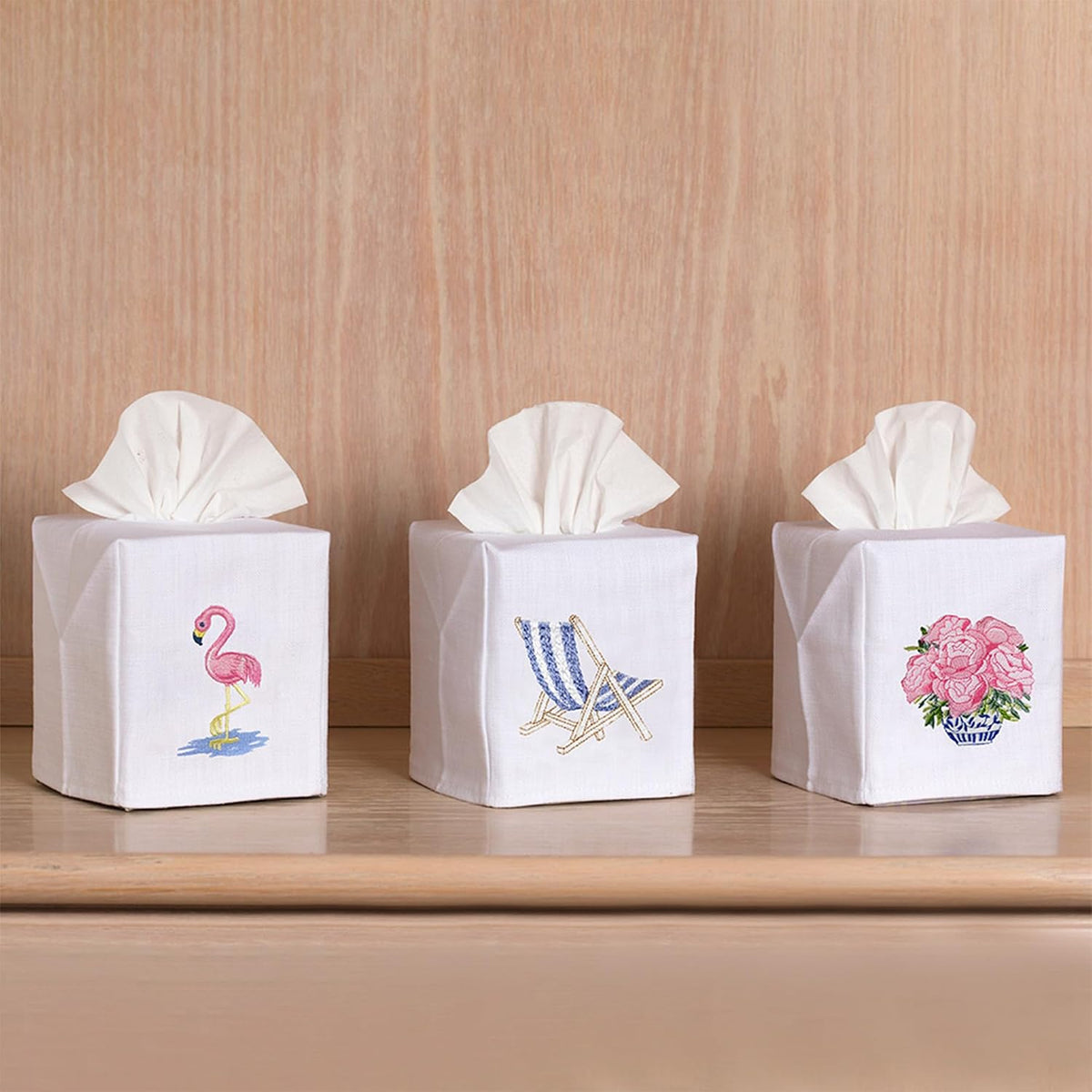Square Tissue Box Cover, Linen/Cotton Fabric Tissue Holder, Decorative Cloth Tissue Cube Cover, Botanical Designs, Basket of Peonies (Pink)